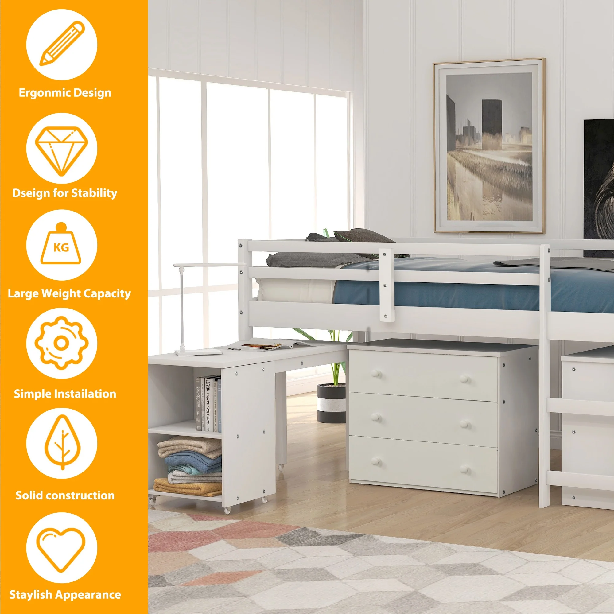 White Low Twin Loft Bed With Cabinet And Desk By Homeroots - Image 7