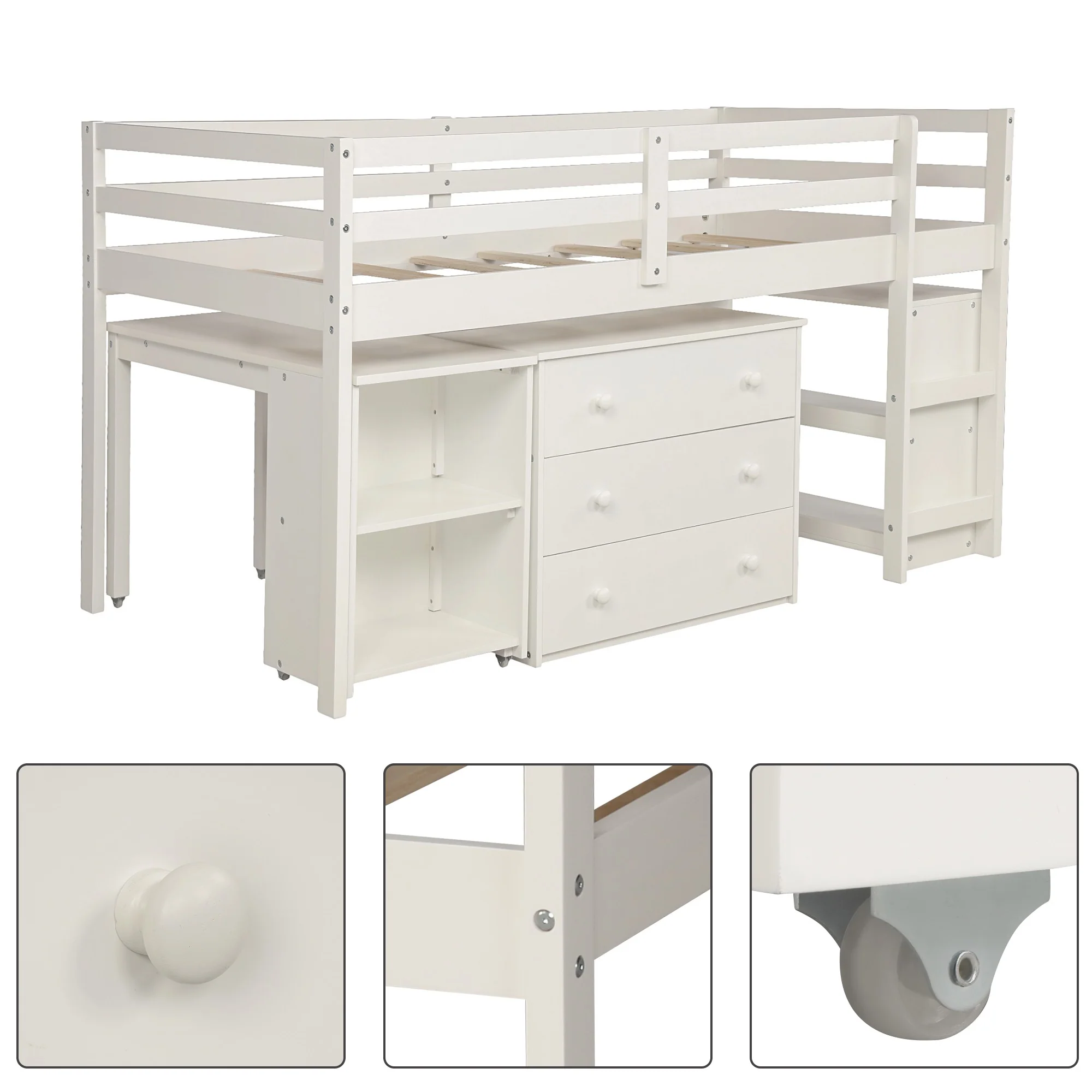 White Low Twin Loft Bed With Cabinet And Desk By Homeroots - Image 9