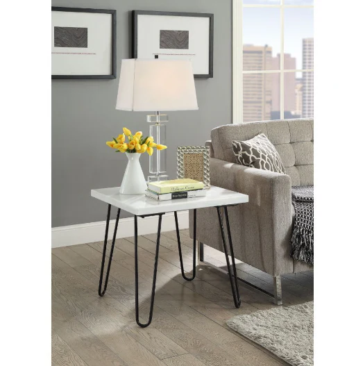 White Marble and Gold Geometric End Table By Homeroots - Image 4