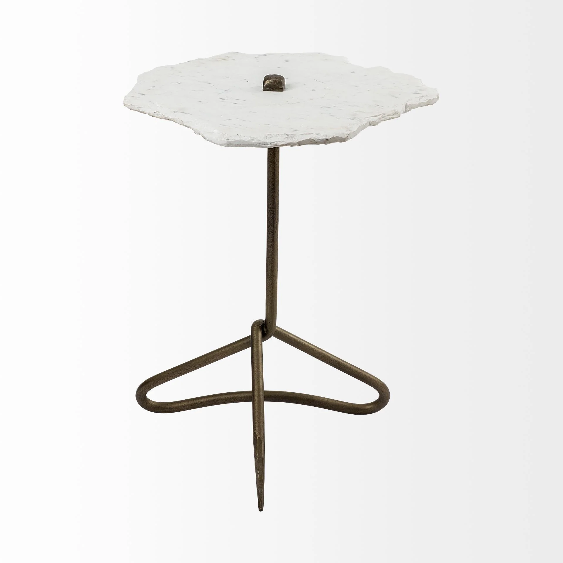 White Marble Top Accent Table with Triangluar Gold Iron Base By Homeroots - Image 2