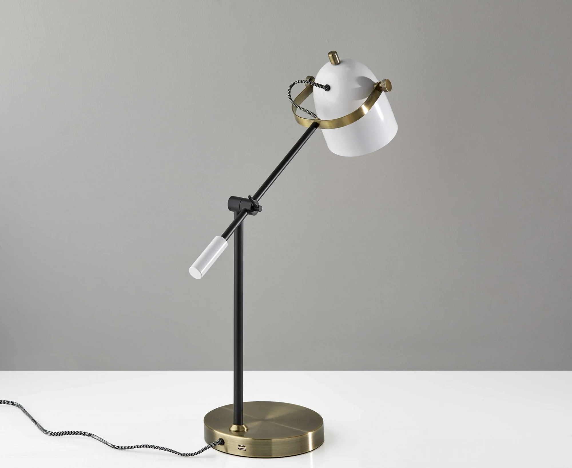 White Metal Adjustable Arm and Shade USB Port Desk Lamp By Homeroots - Image 2