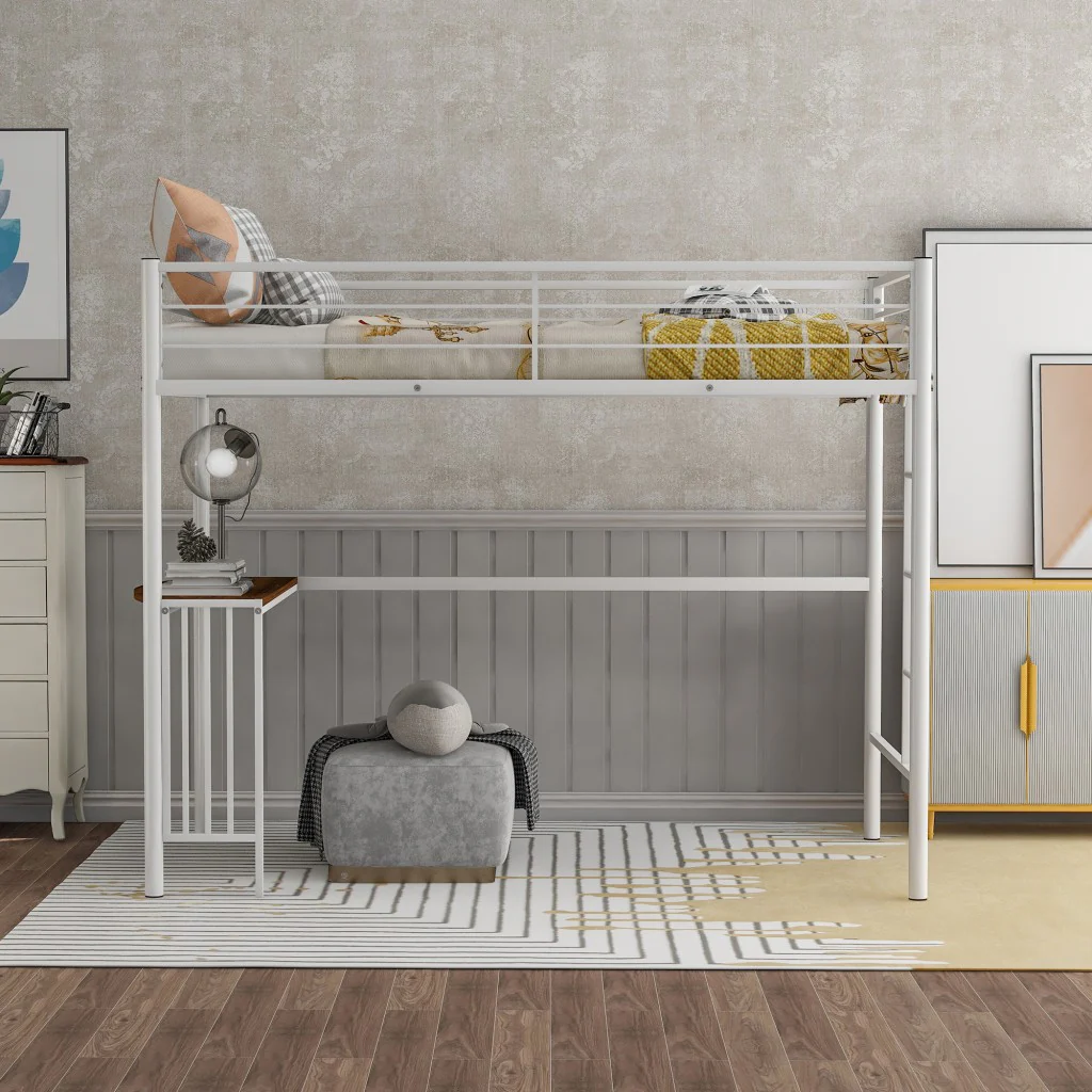White Metal Twin Size Loft Bed With Desk By Homeroots - Image 2