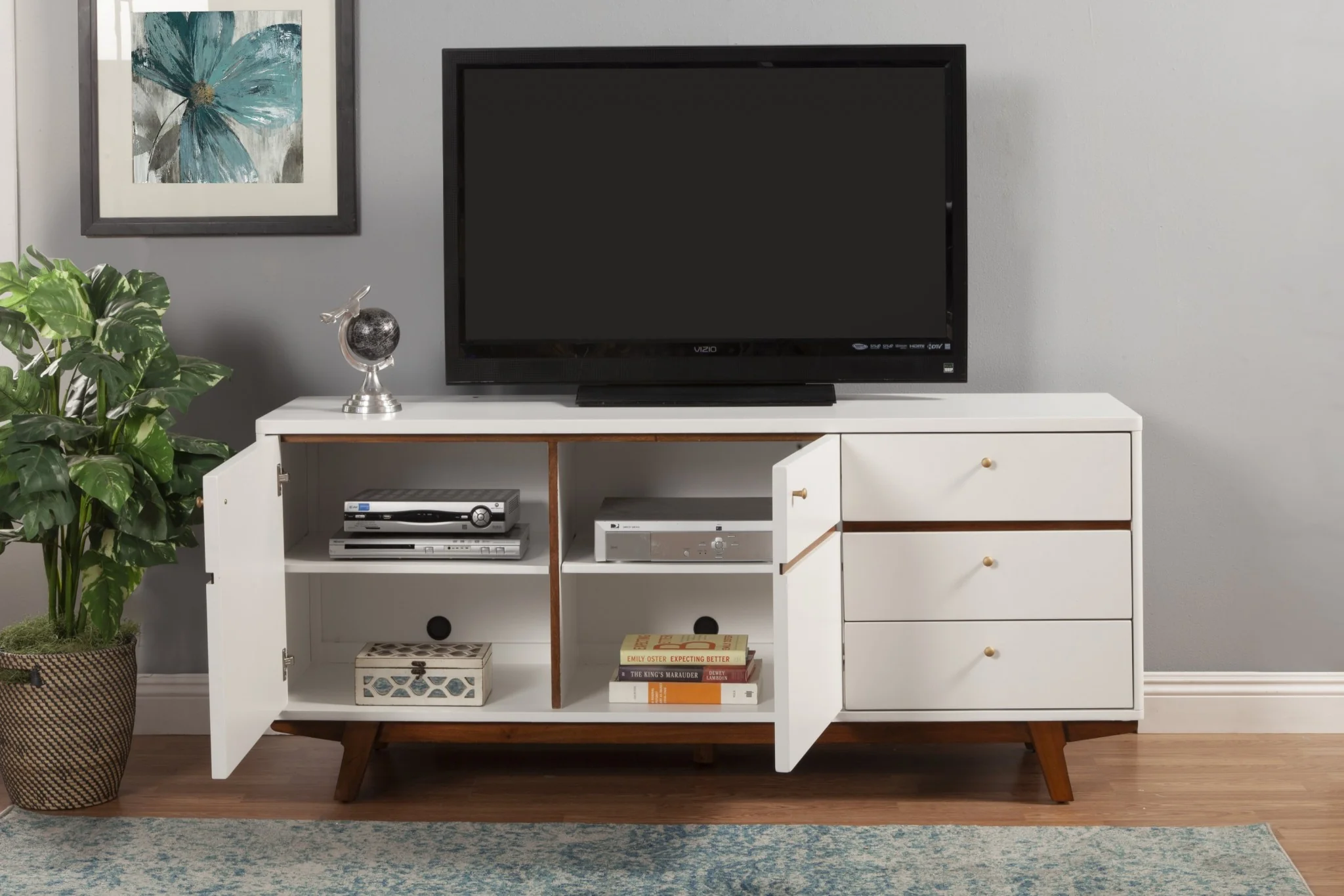 White Mid Century Mod TV Console with Acorn Accents By Homeroots - Image 2