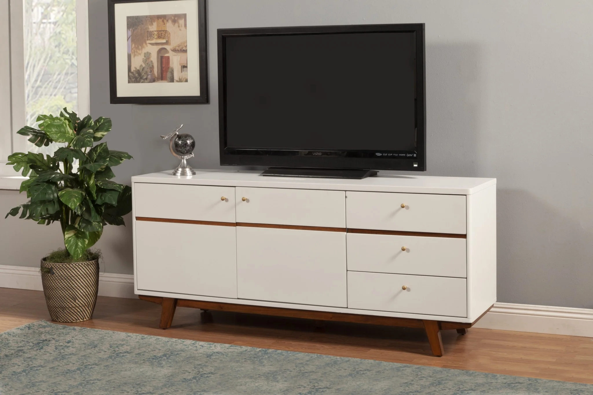 White Mid Century Mod TV Console with Acorn Accents By Homeroots - Image 8