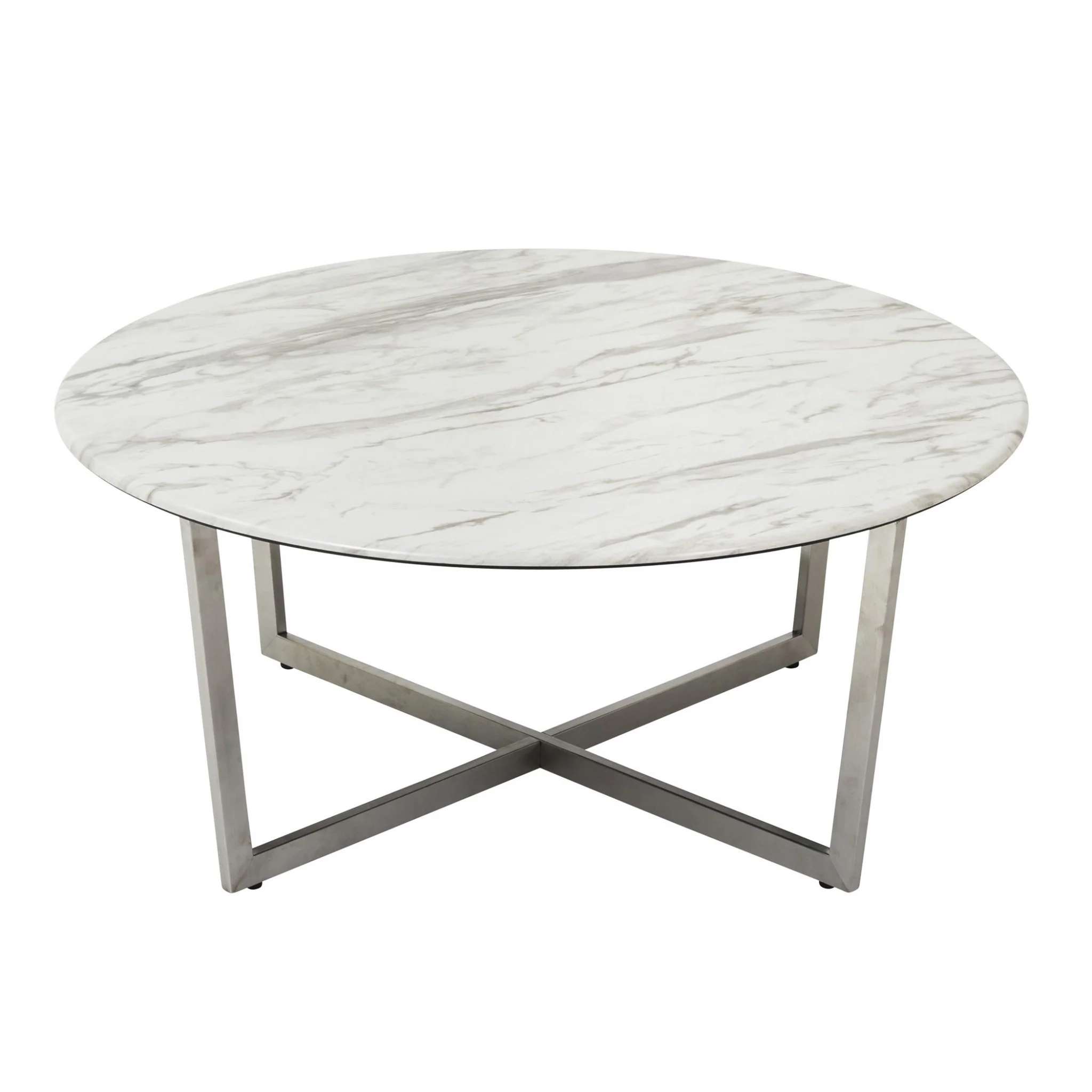 White on Stainless Faux Marble Round Coffee Table By Homeroots - Image 4