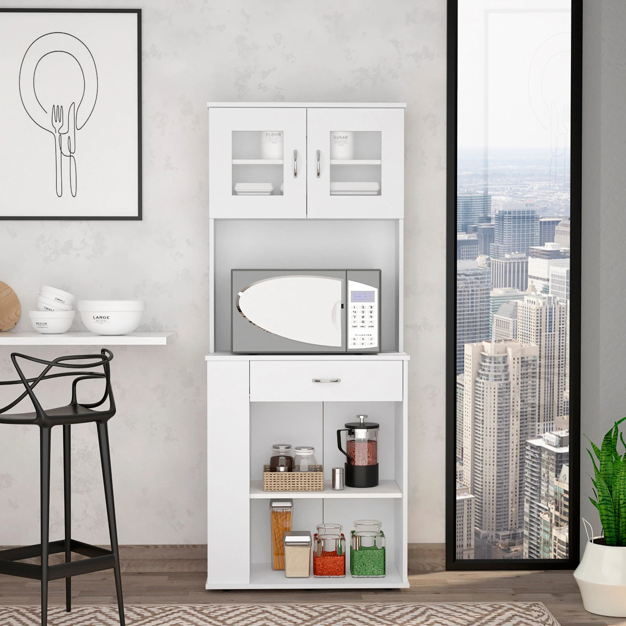 White Pantry Cabinet with Two Door Panels and Side Open Shelves By Homeroots - Image 2