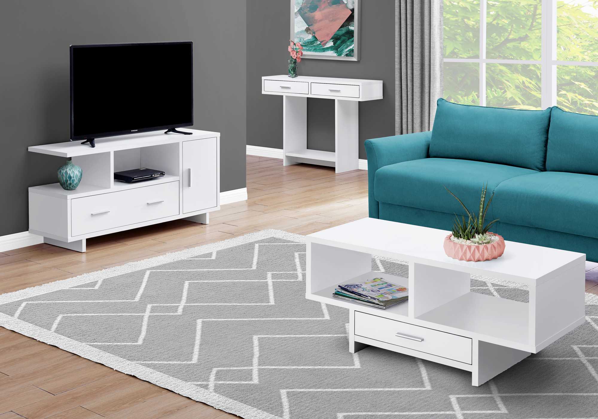 White Particle Board Hollow Core TV Stand with Storage By Homeroots - Image 2