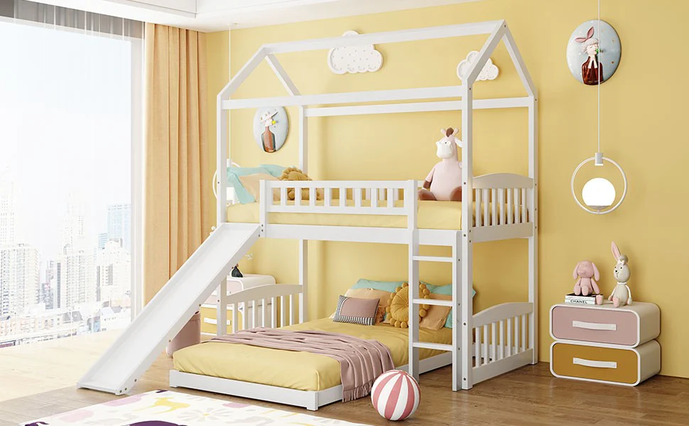 White Playhouse Frame Full Over Full Perpendicular Bunk Bed With Slide By Homeroots - Image 2