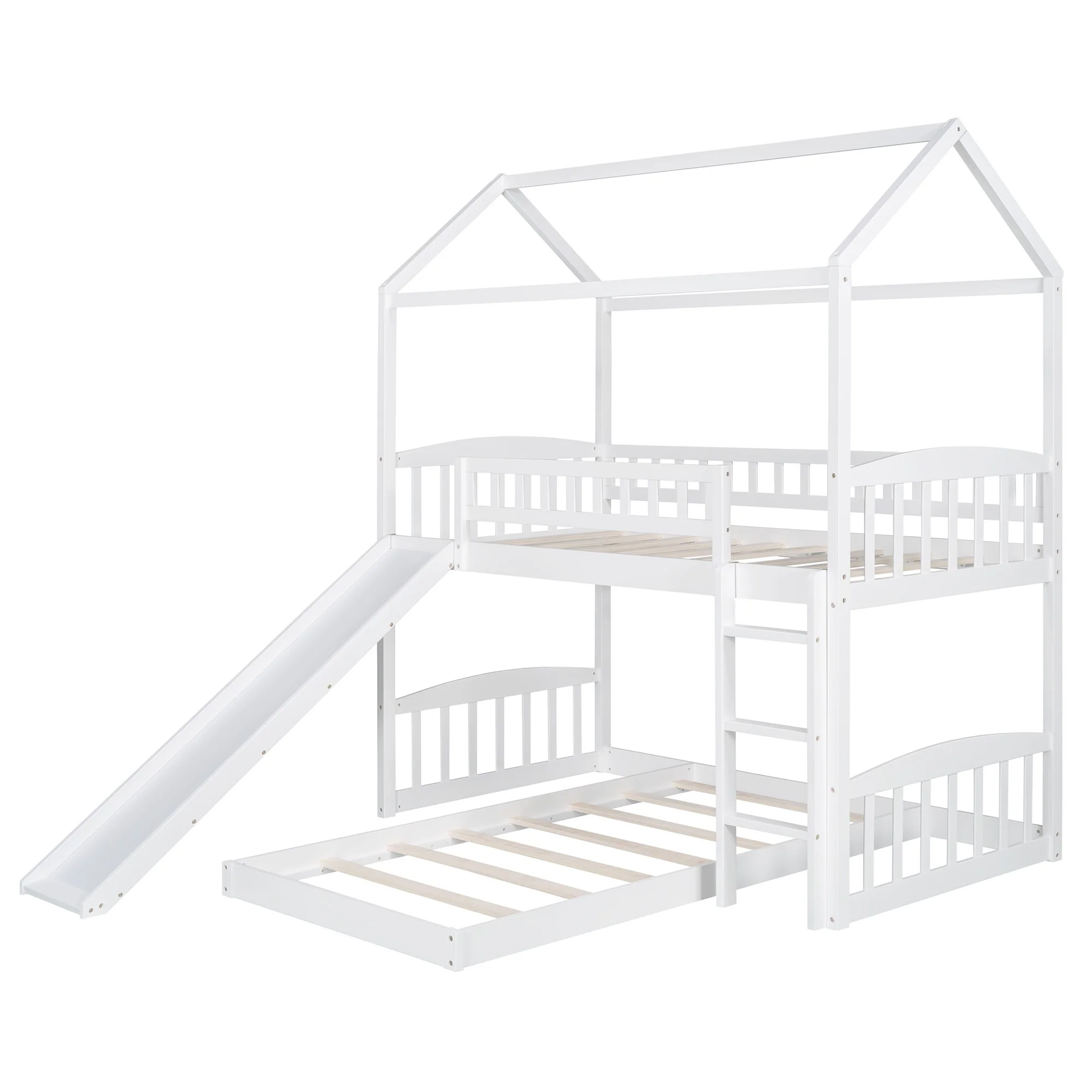 White Playhouse Frame Full Over Full Perpendicular Bunk Bed With Slide By Homeroots - Image 3