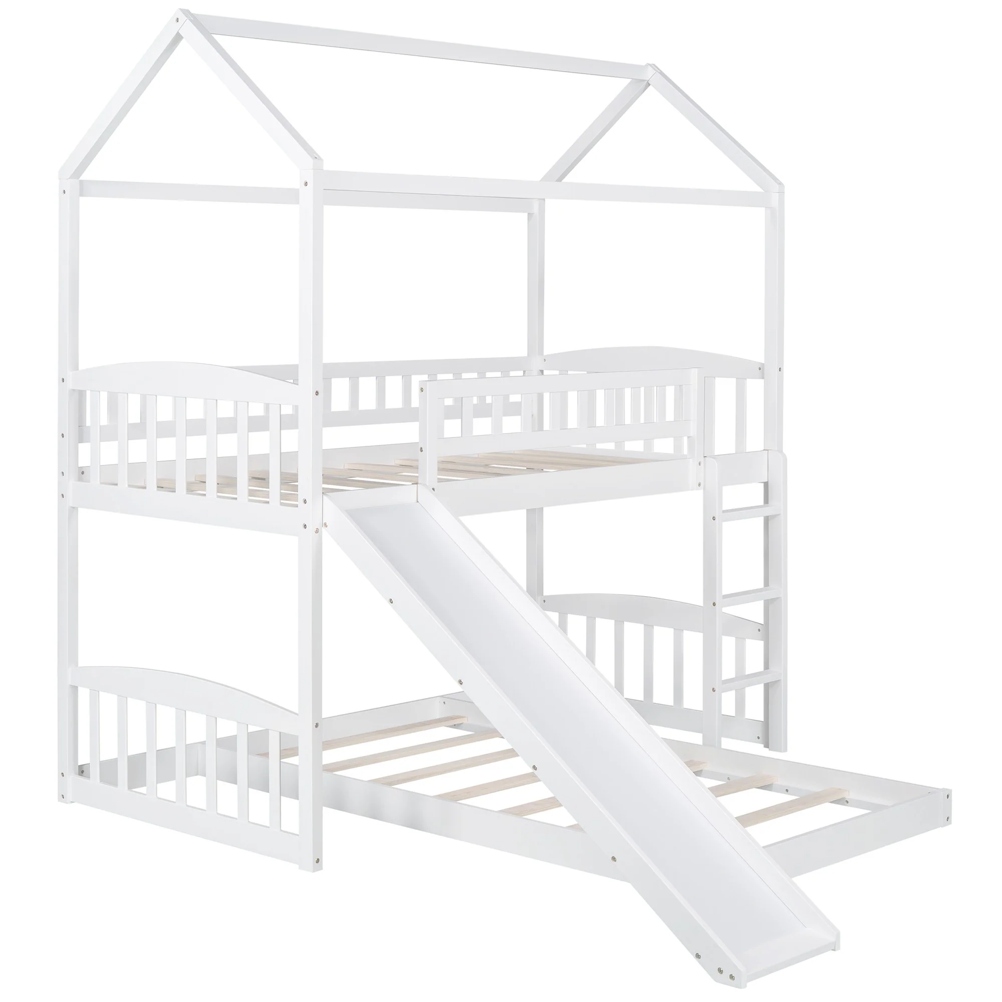 White Playhouse Frame Full Over Full Perpendicular Bunk Bed With Slide By Homeroots - Image 4