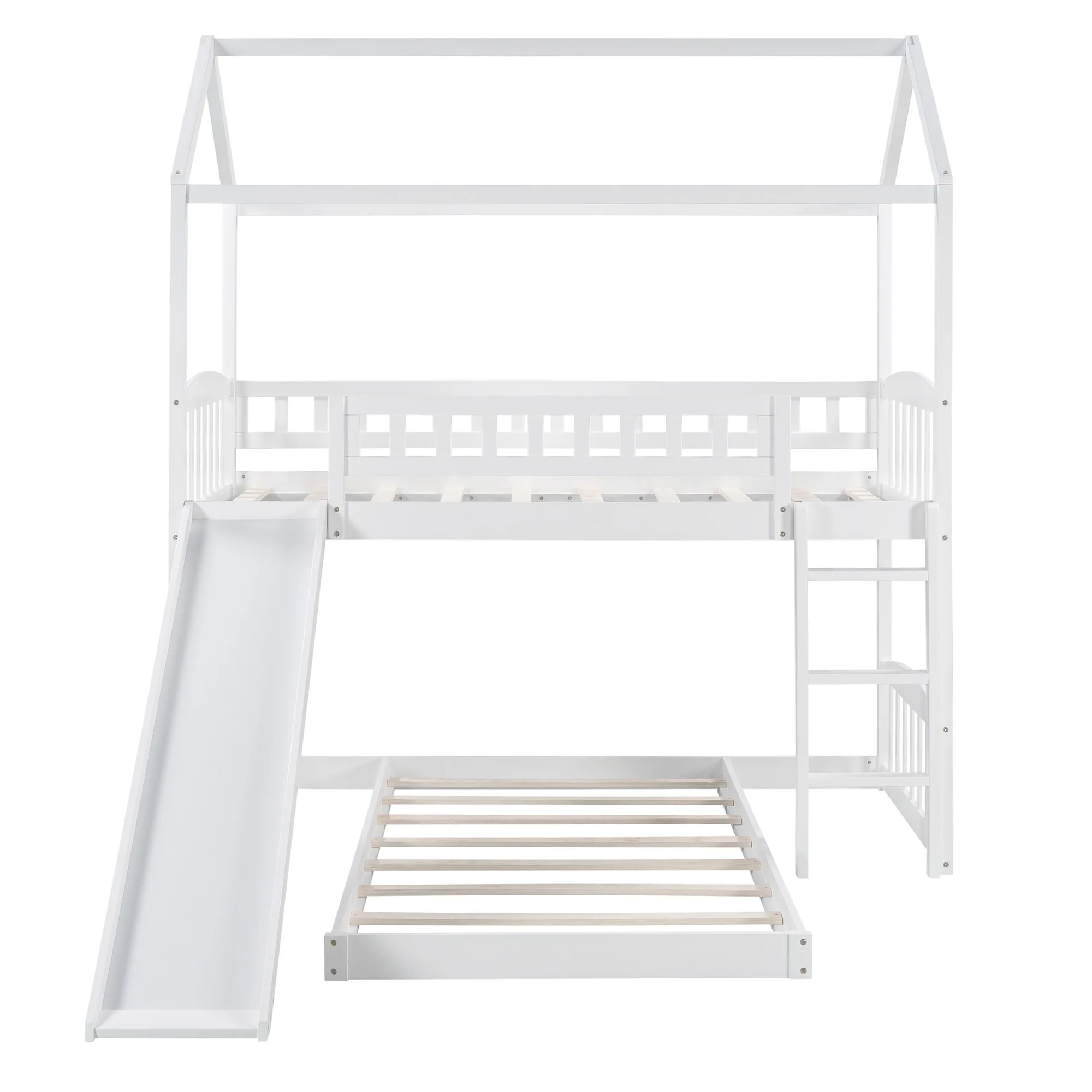 White Playhouse Frame Full Over Full Perpendicular Bunk Bed With Slide By Homeroots - Image 5