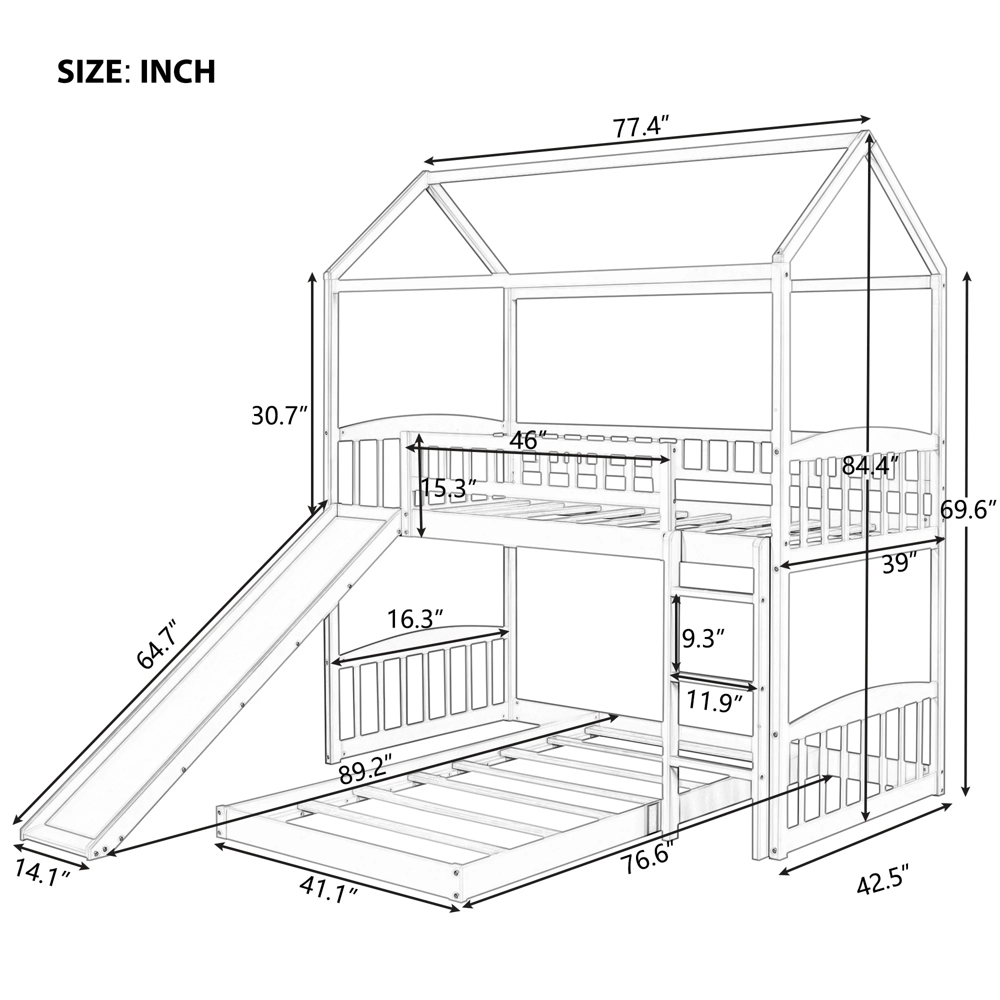 White Playhouse Frame Full Over Full Perpendicular Bunk Bed With Slide By Homeroots - Image 6