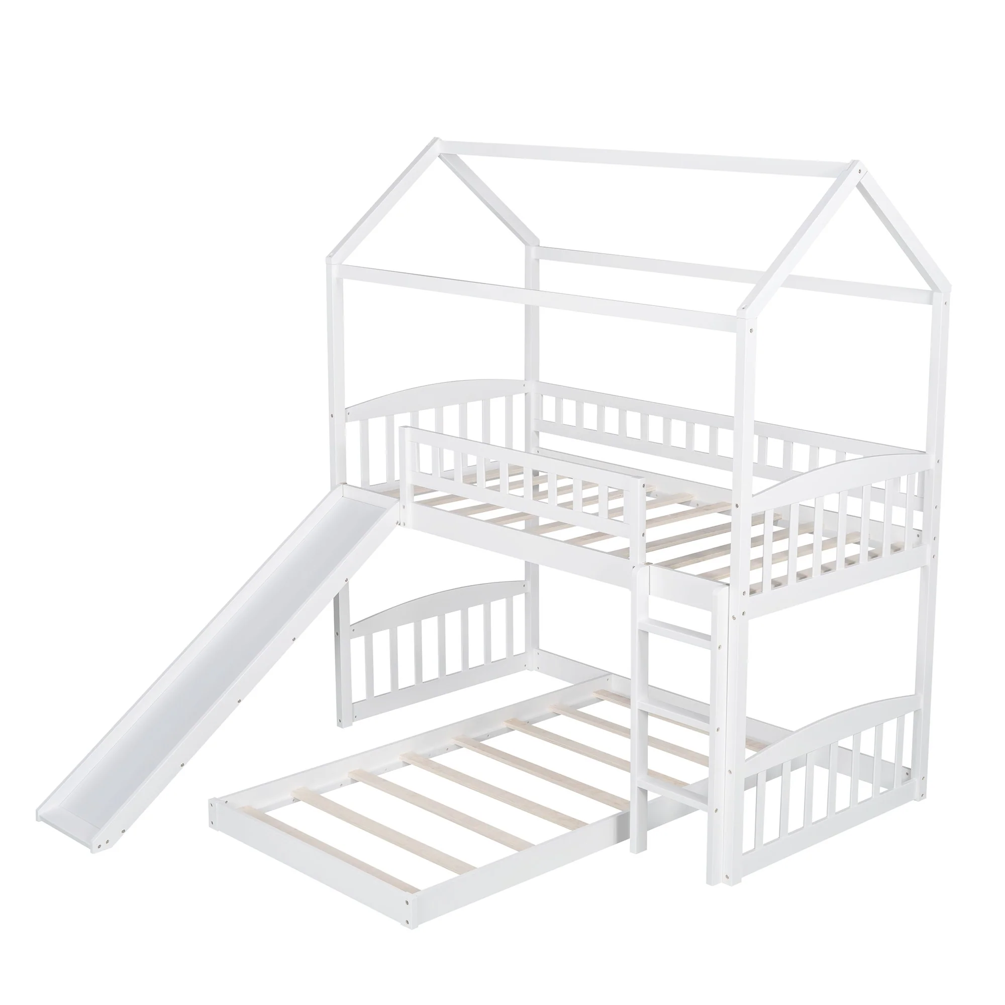 White Playhouse Frame Full Over Full Perpendicular Bunk Bed With Slide By Homeroots - Image 7