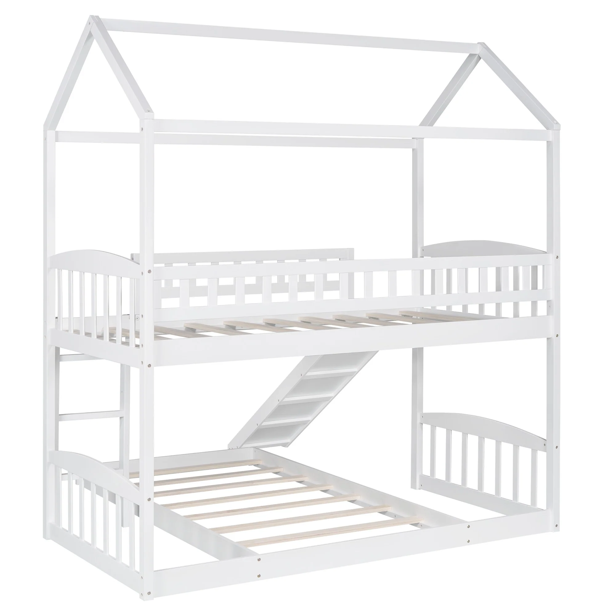 White Playhouse Frame Full Over Full Perpendicular Bunk Bed With Slide By Homeroots - Image 8
