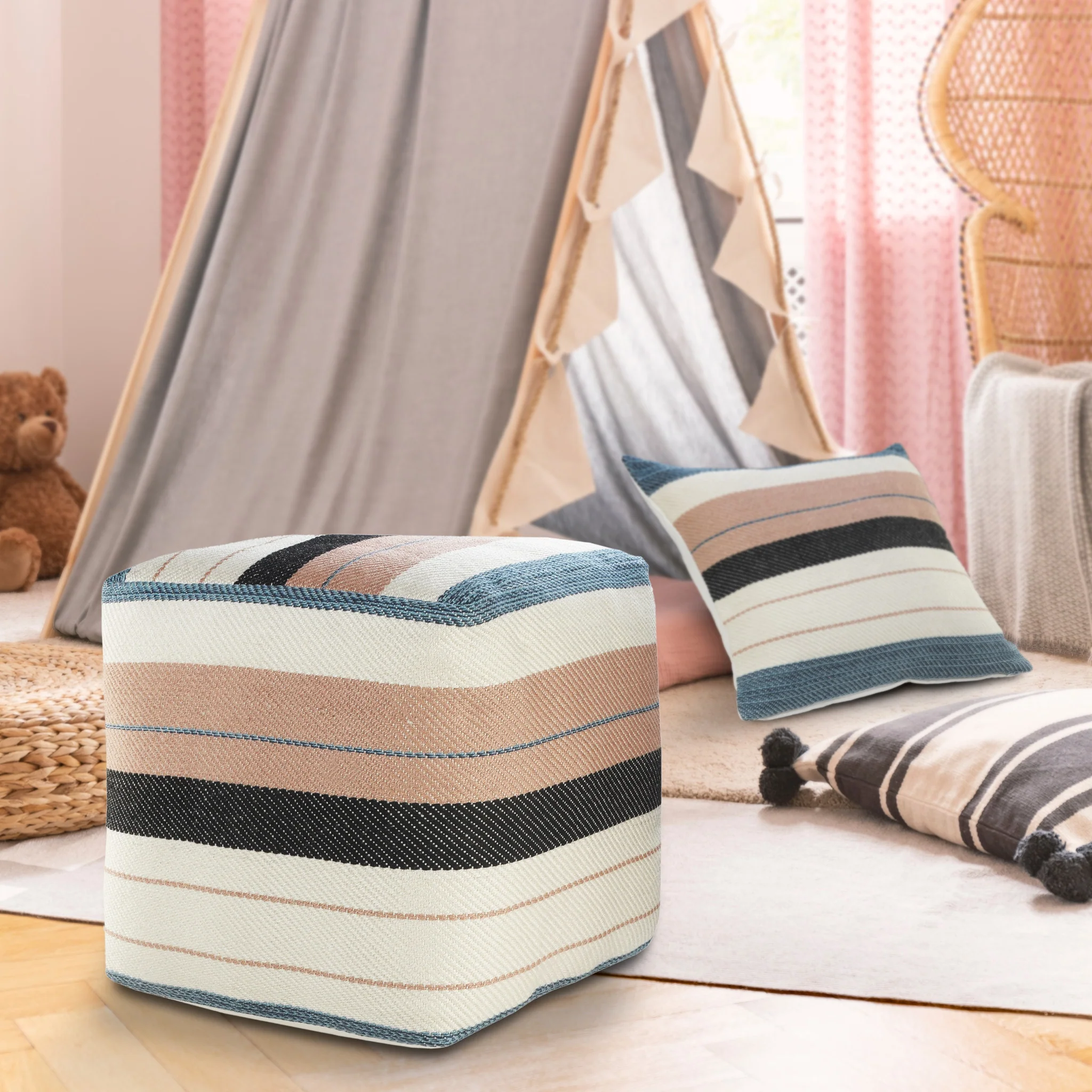 White Polyester Striped Indoor Outdoor Pouf Ottoman By Homeroots - Image 7