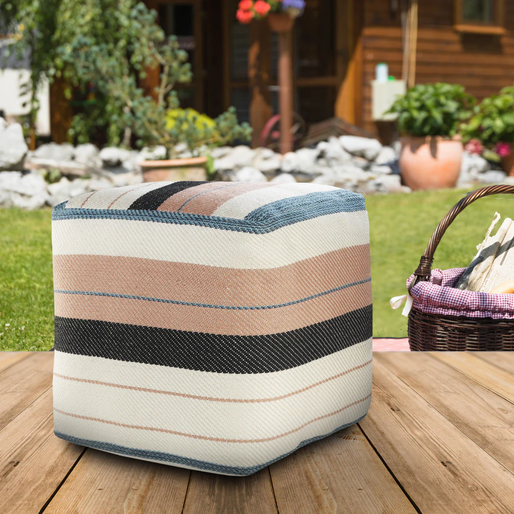 White Polyester Striped Indoor Outdoor Pouf Ottoman By Homeroots - Image 8