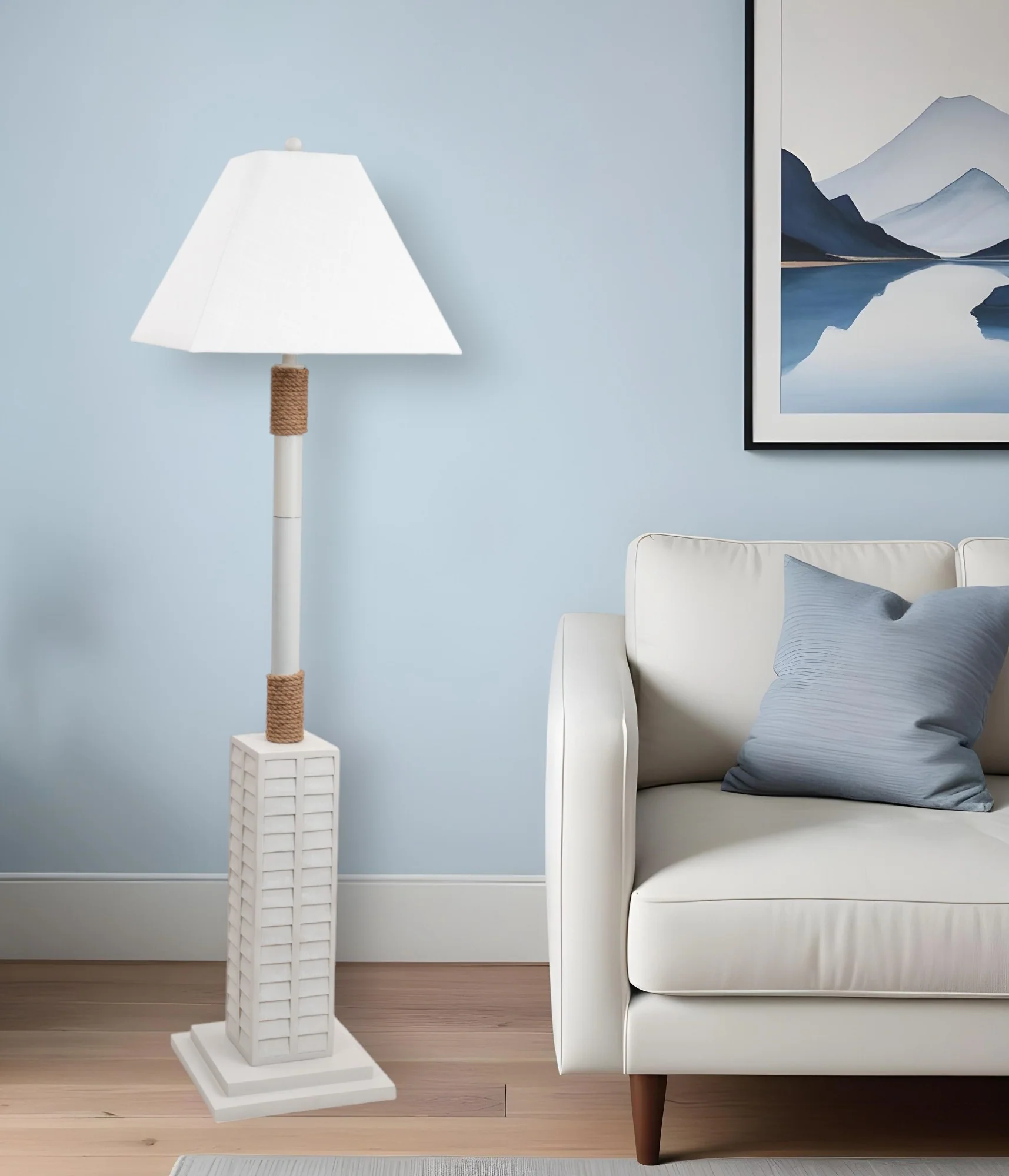White Polyresin Floor Lamp With White Linen Shade By Homeroots - Image 3