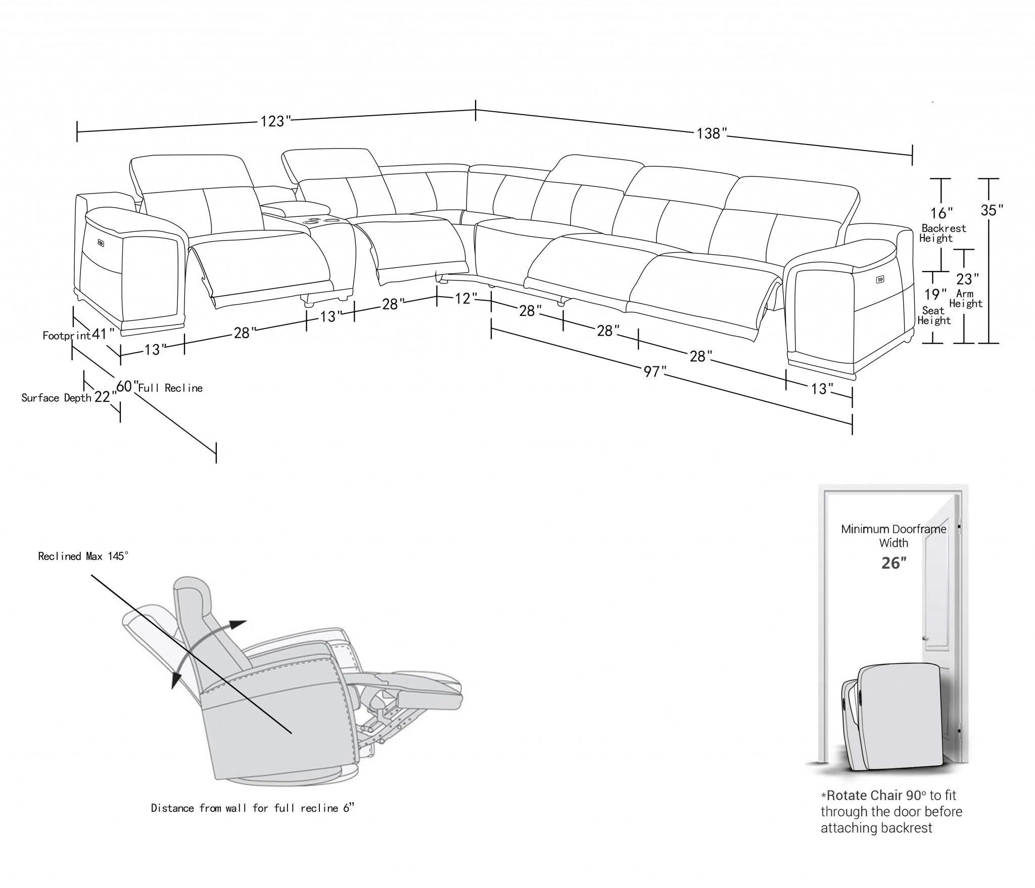 White Power Reclining 7PC Sectional By Homeroots - Image 5