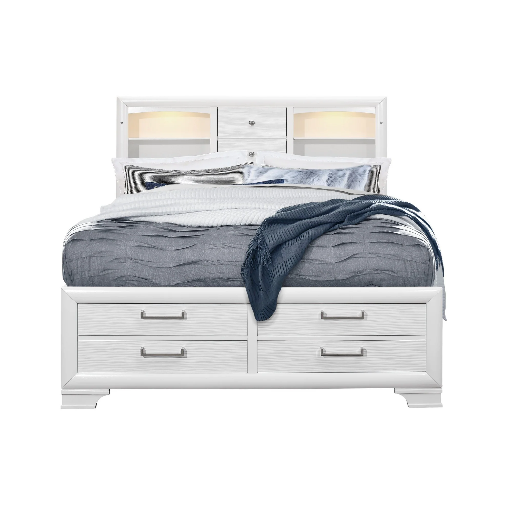 White Rubberwood King Bed With Bookshelves Headboard Led Lightning 6 Drawers By Homeroots - Image 2