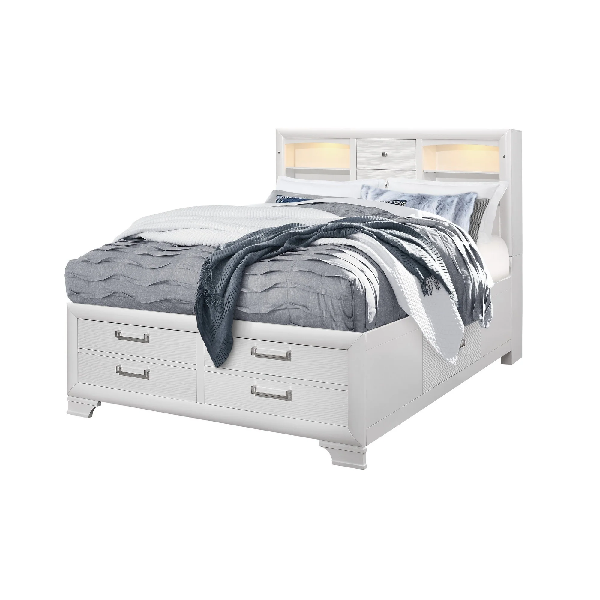 White Rubberwood King Bed With Bookshelves Headboard Led Lightning 6 Drawers By Homeroots - Image 3