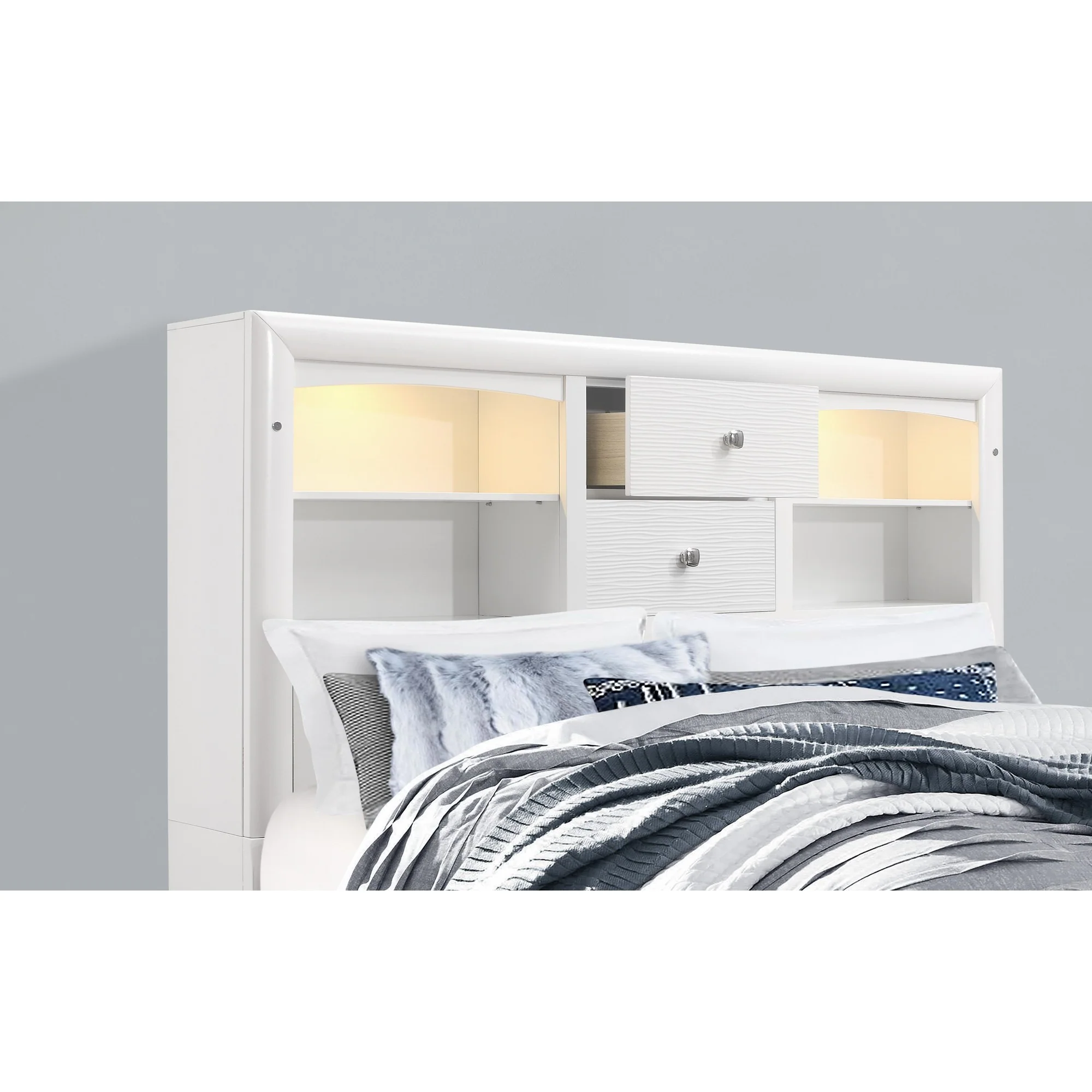 White Rubberwood King Bed With Bookshelves Headboard Led Lightning 6 Drawers By Homeroots - Image 5