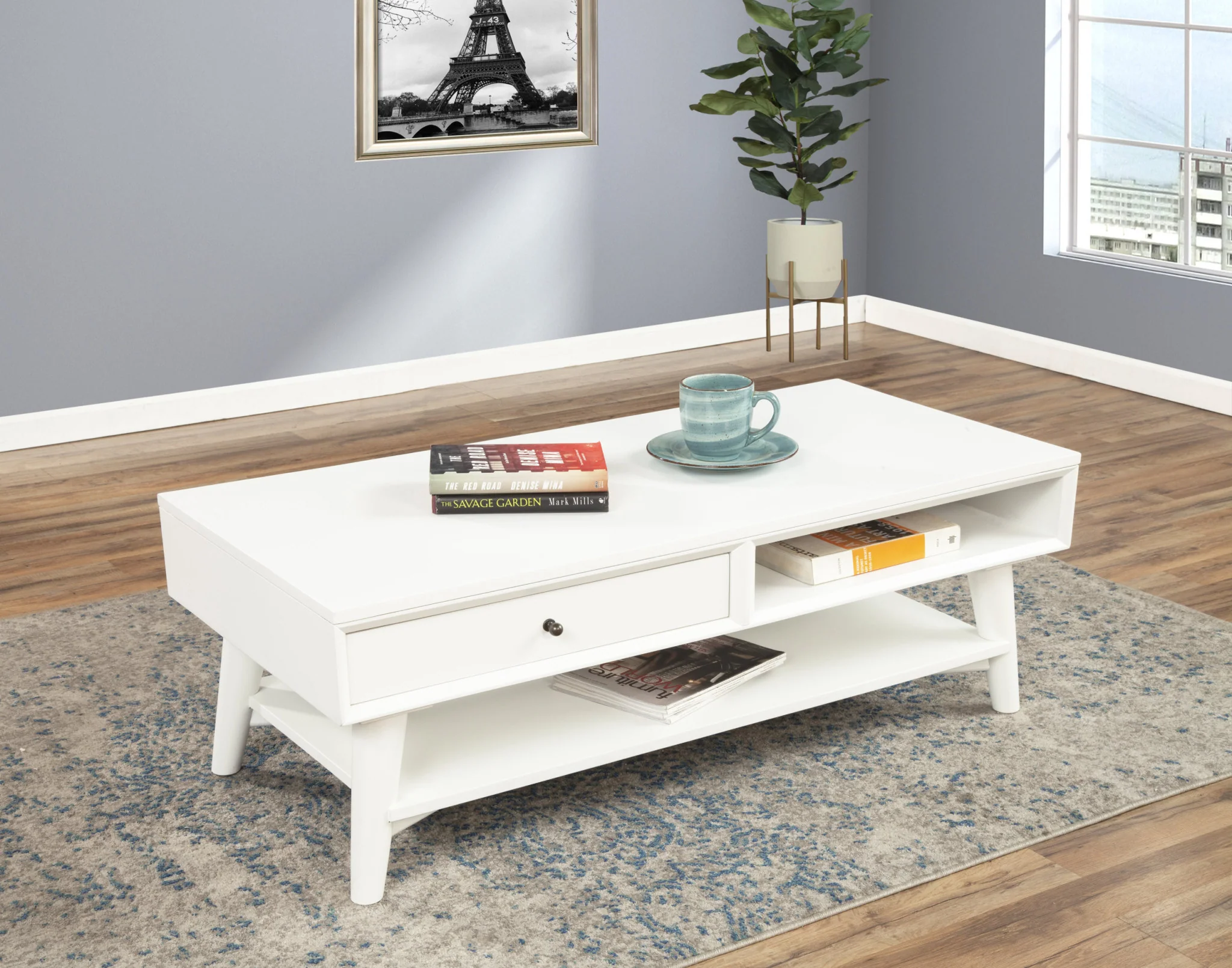 White Solid And Manufactured Wood Coffee Table With Drawer By Homeroots - Image 4