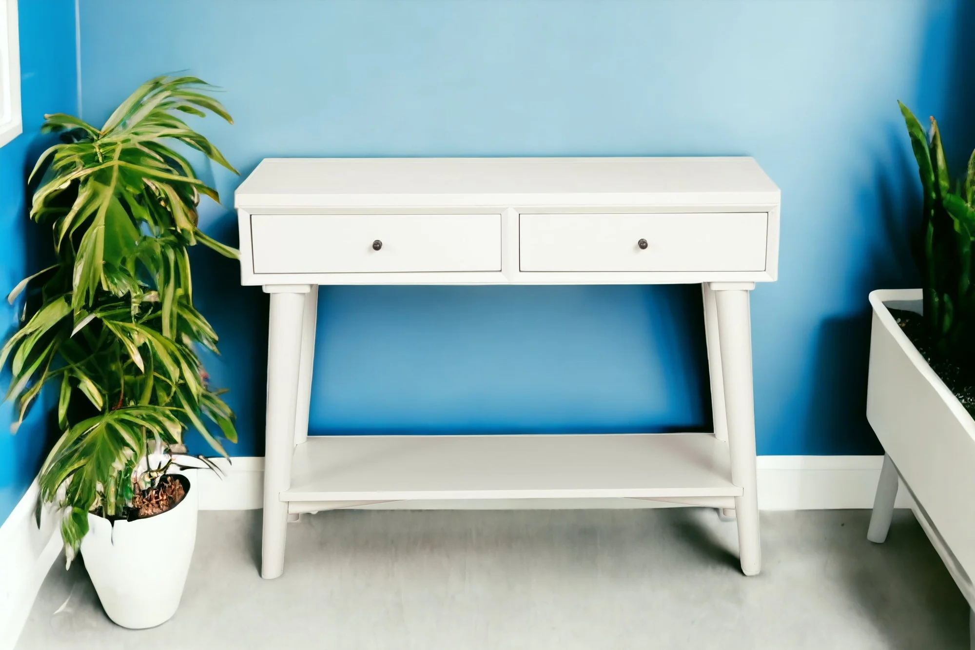 White Solid Wood Console Table With Shelves And Drawers By Homeroots - Image 2