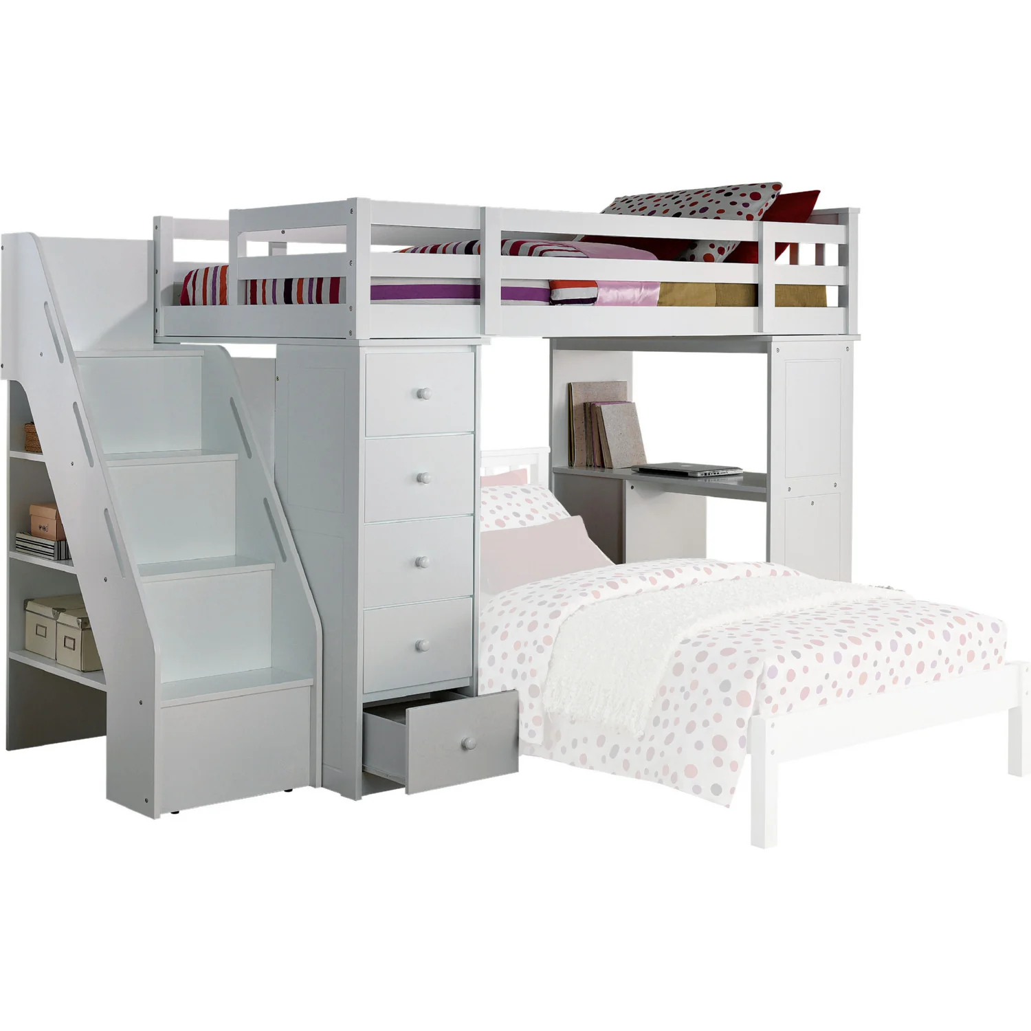 White Solid Wood Loft Bed And Bookshelf Ladder By Homeroots - Image 2