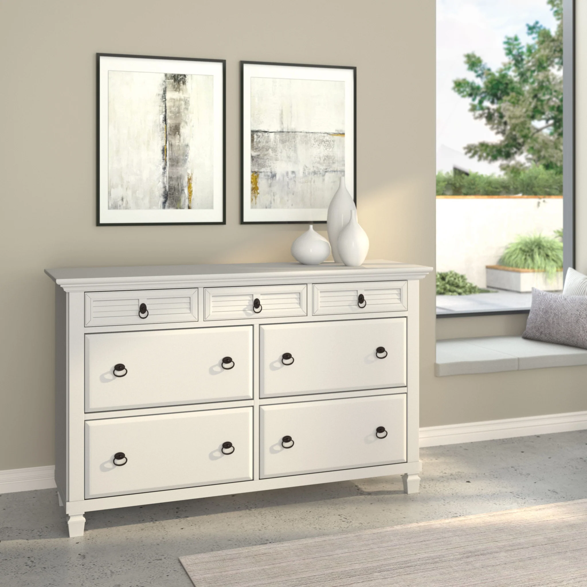 White Solid Wood Seven Drawer Double Dresser By Homeroots - Image 8
