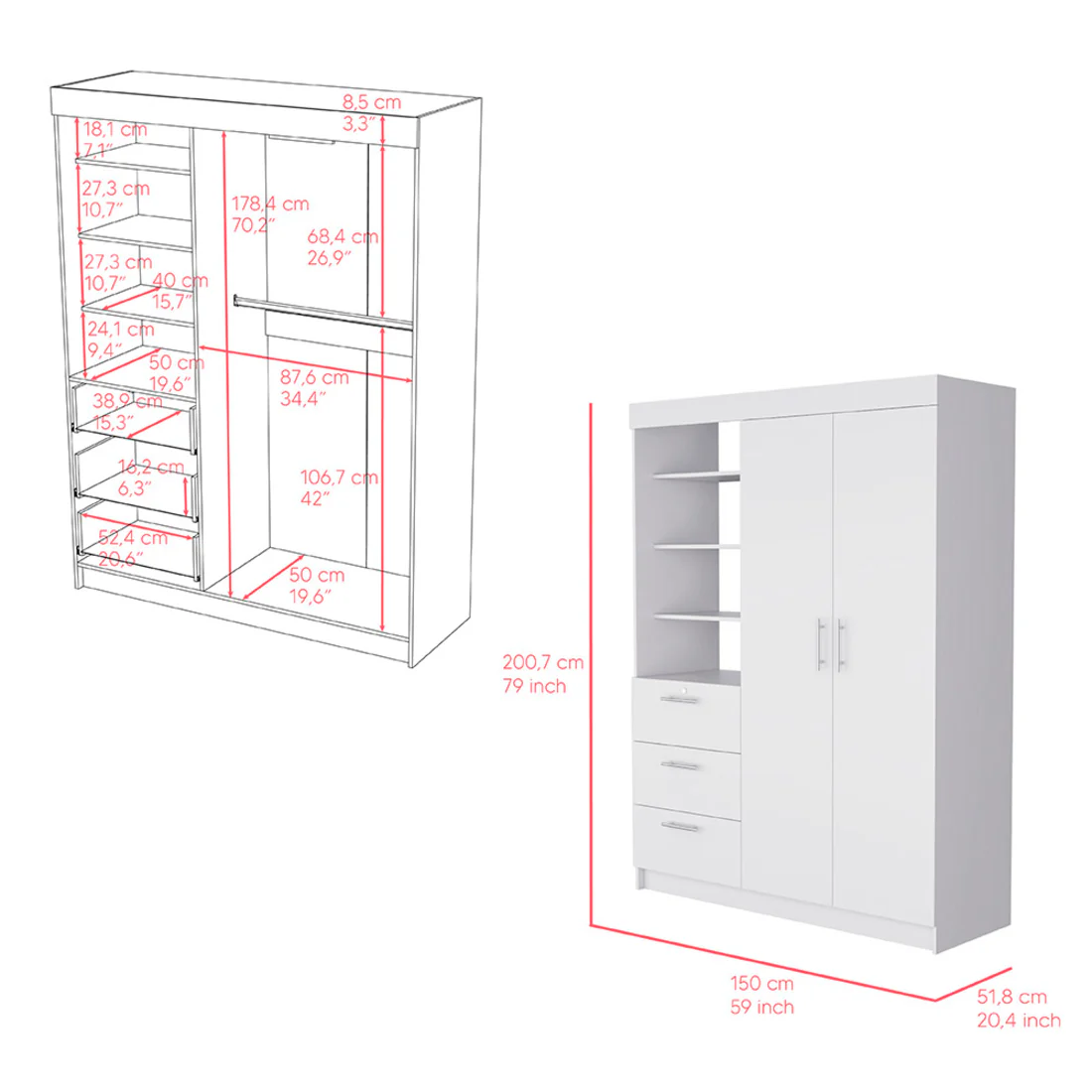 White Three Drawer Combo Dresser By Homeroots - Image 8