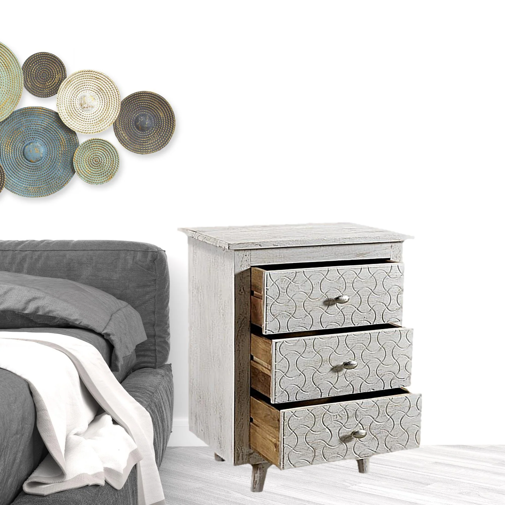 White Three Drawer Nightstand By Homeroots - Image 3