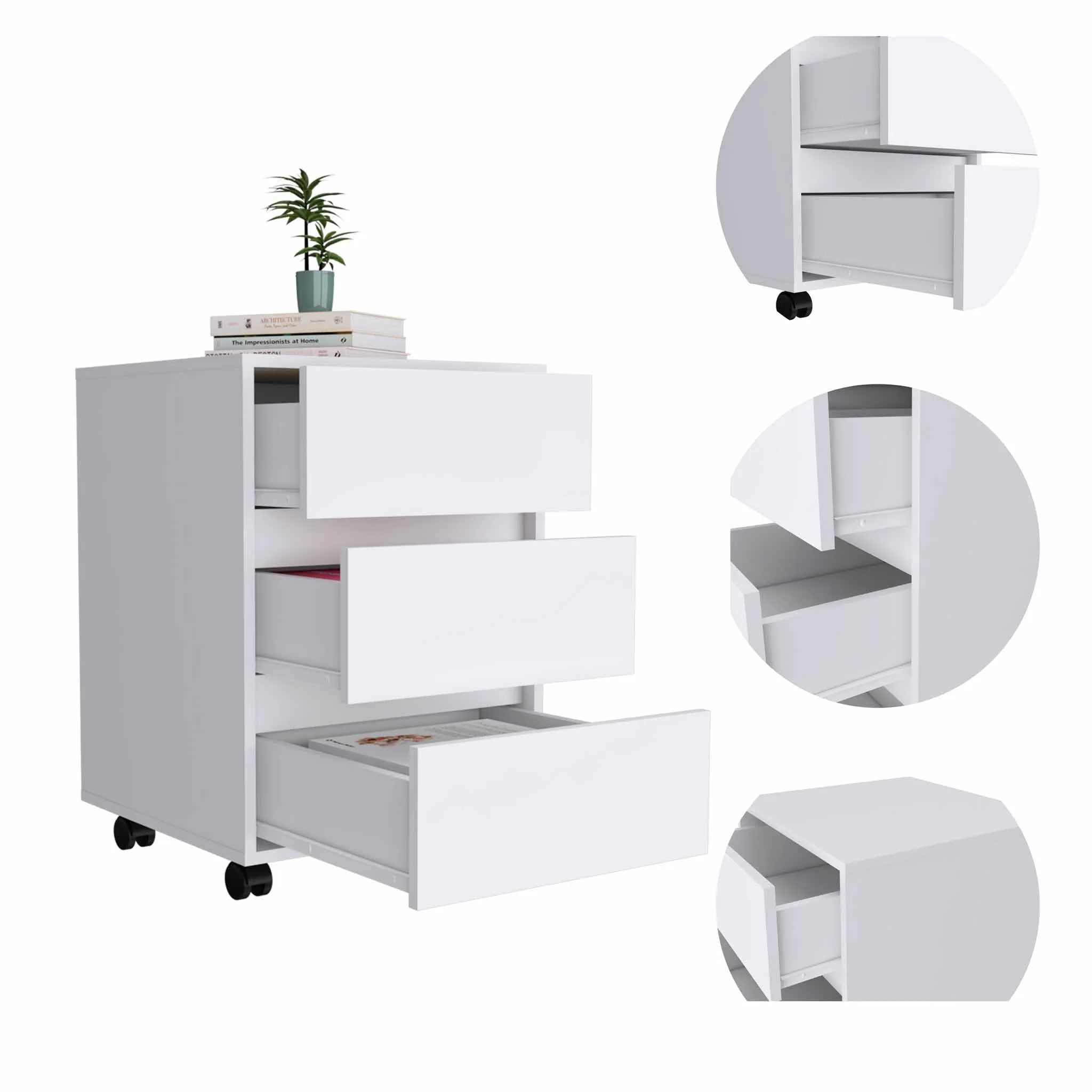 White Three Drawer Rolling Cabinet By Homeroots - Image 6