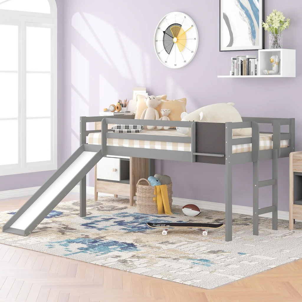 White Twin Loft Bed Bed Chalkboard And Slide By Homeroots - Image 10