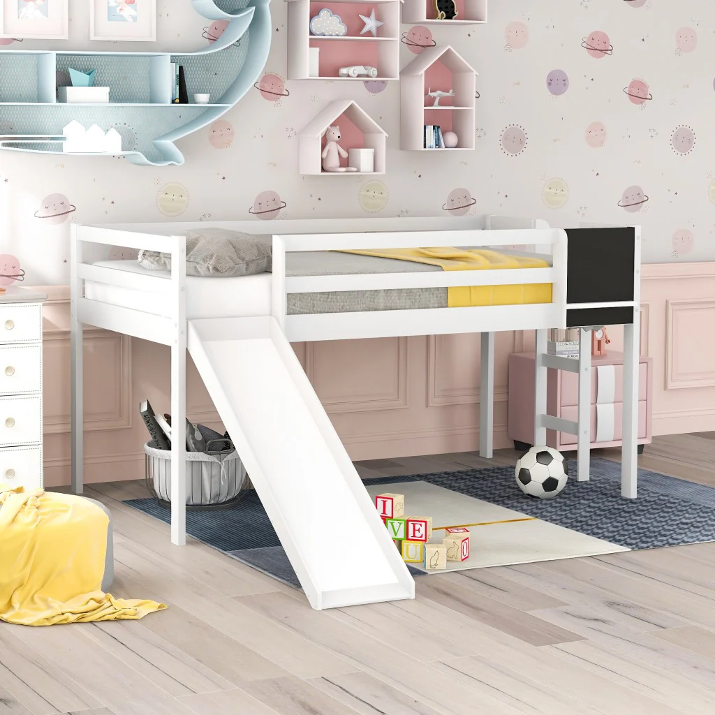 White Twin Loft Bed Bed Chalkboard And Slide By Homeroots - Image 2