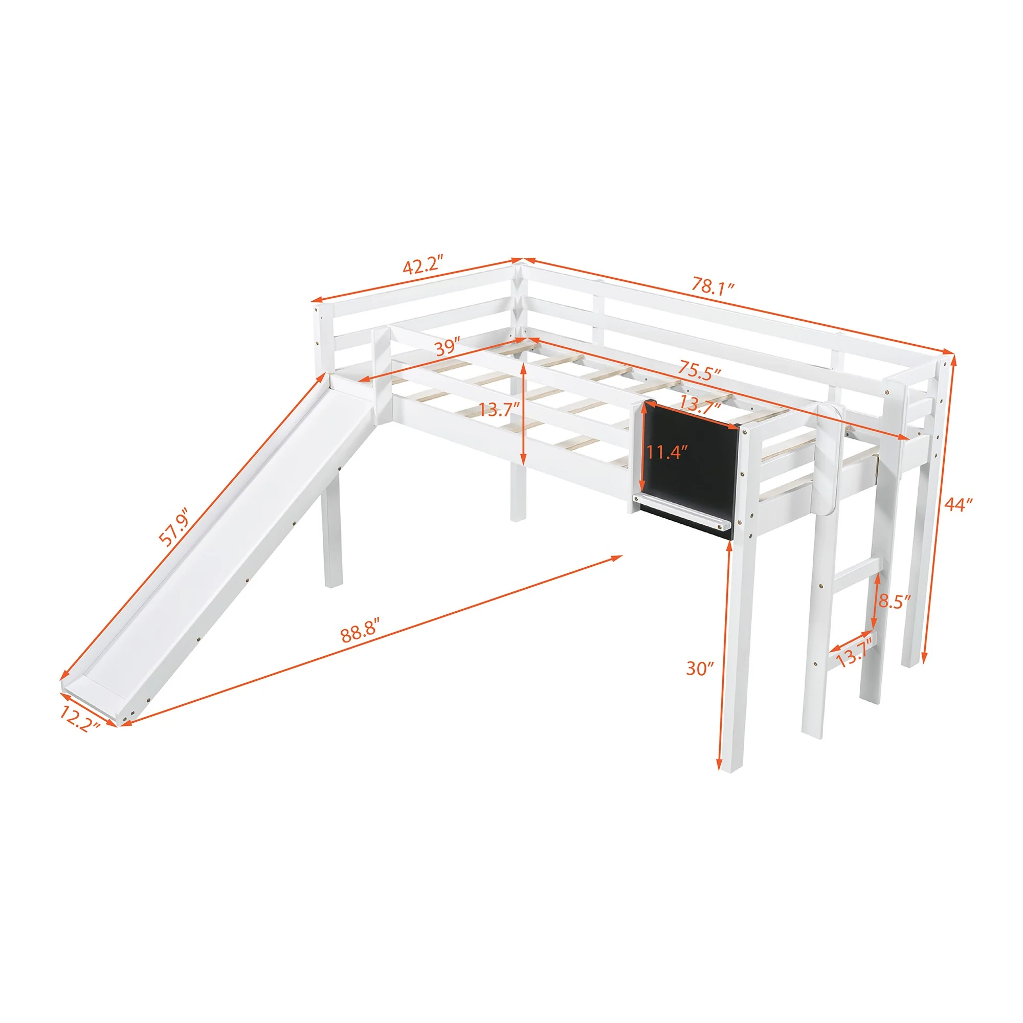 White Twin Loft Bed Bed Chalkboard And Slide By Homeroots - Image 9