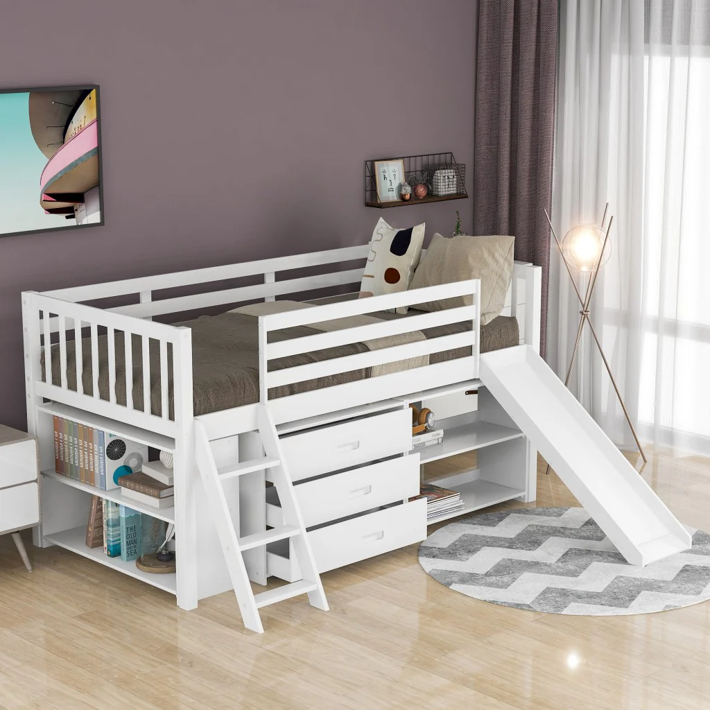 White Twin Loft Bed With Cabinet And Shelves By Homeroots - Image 2