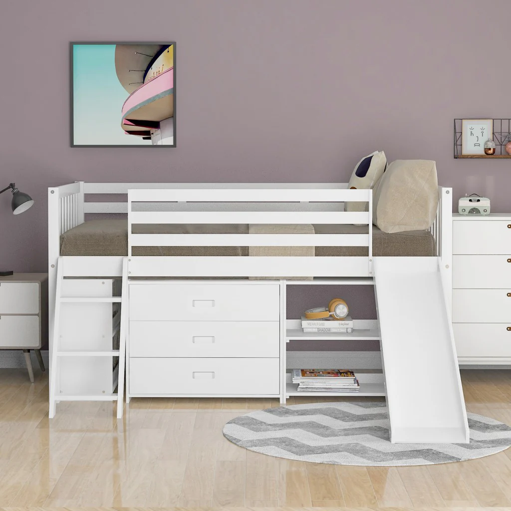 White Twin Loft Bed With Cabinet And Shelves By Homeroots - Image 3