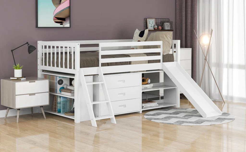 White Twin Loft Bed With Cabinet And Shelves By Homeroots - Image 4