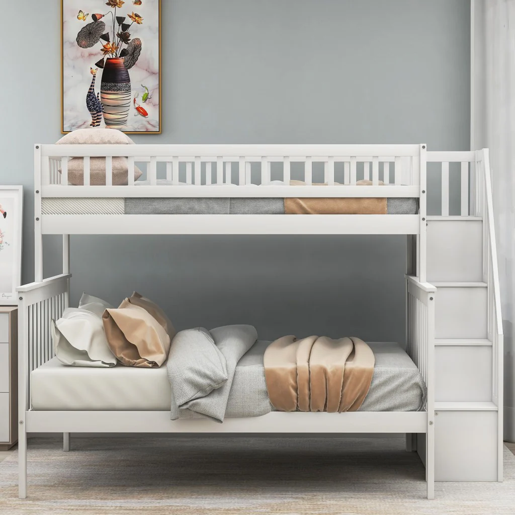 White Twin Over Full Farmhouse Style Bunk Bed With Staircase By Homeroots - Image 2