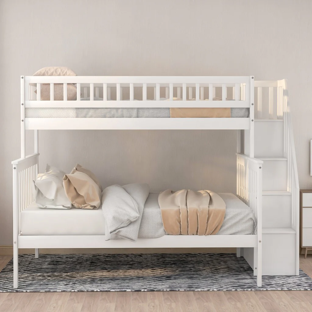 White Twin Over Full Farmhouse Style Bunk Bed With Staircase By Homeroots - Image 3