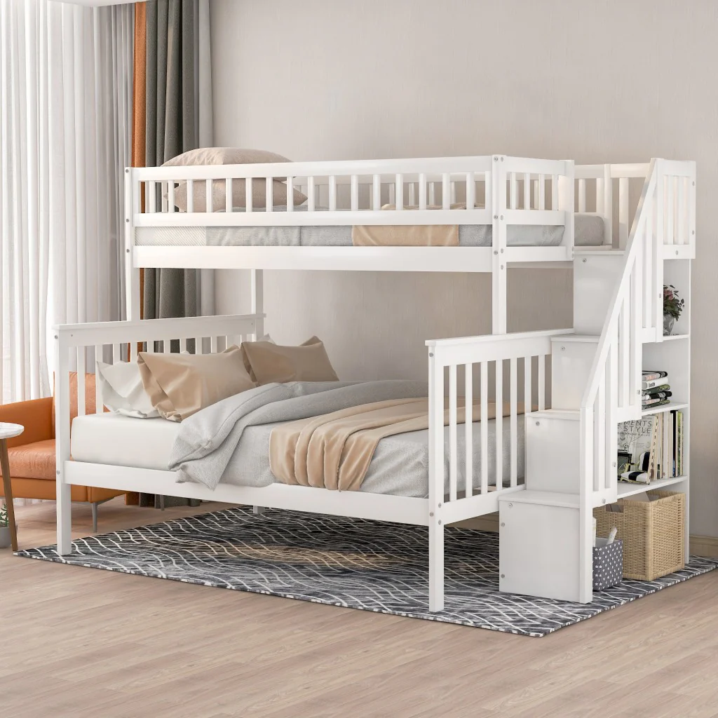 White Twin Over Full Farmhouse Style Bunk Bed With Staircase By Homeroots - Image 4