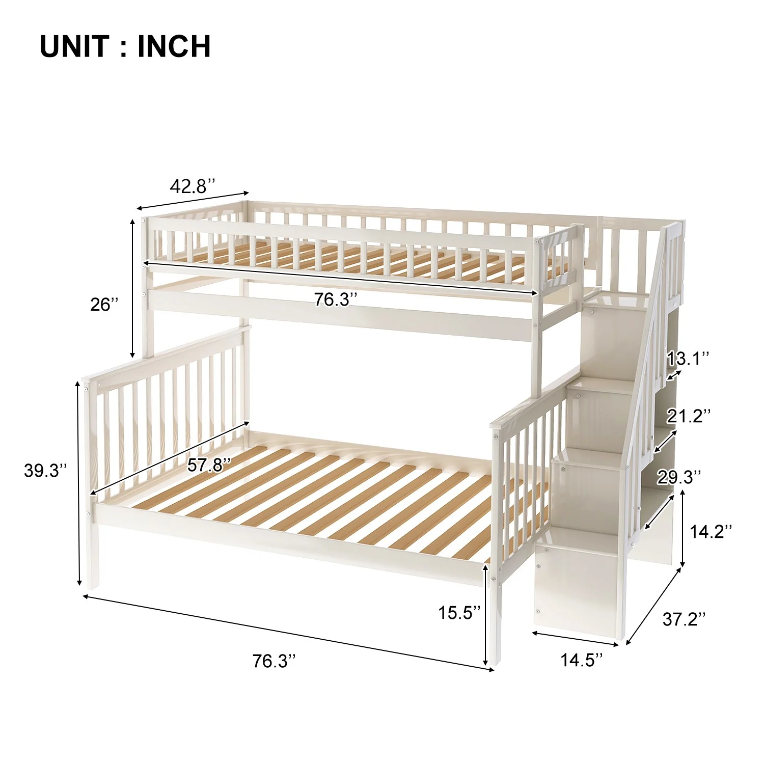 White Twin Over Full Farmhouse Style Bunk Bed With Staircase By Homeroots - Image 9