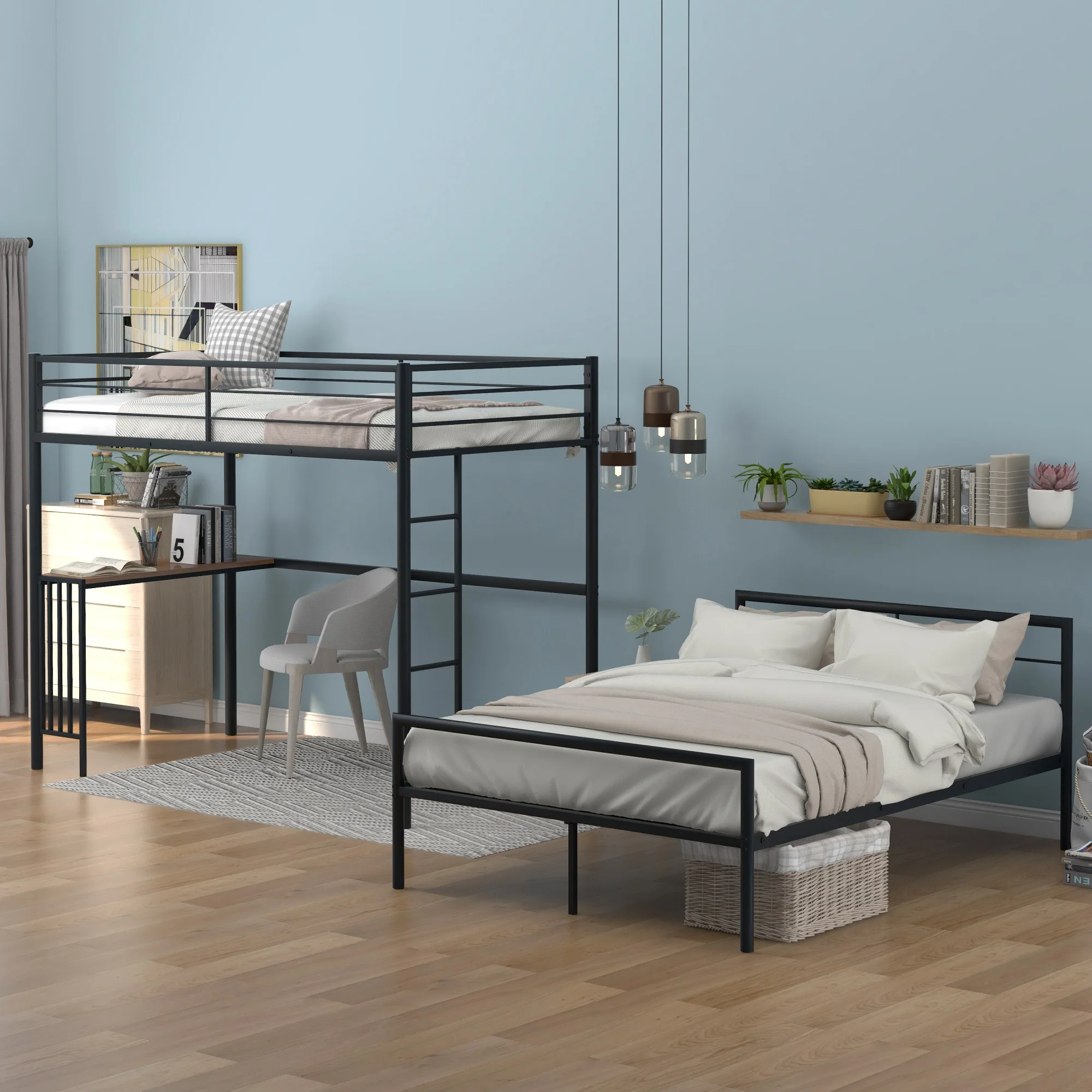 White Twin Over Full Size Metal Bunk Bed With Desk By Homeroots - Image 12