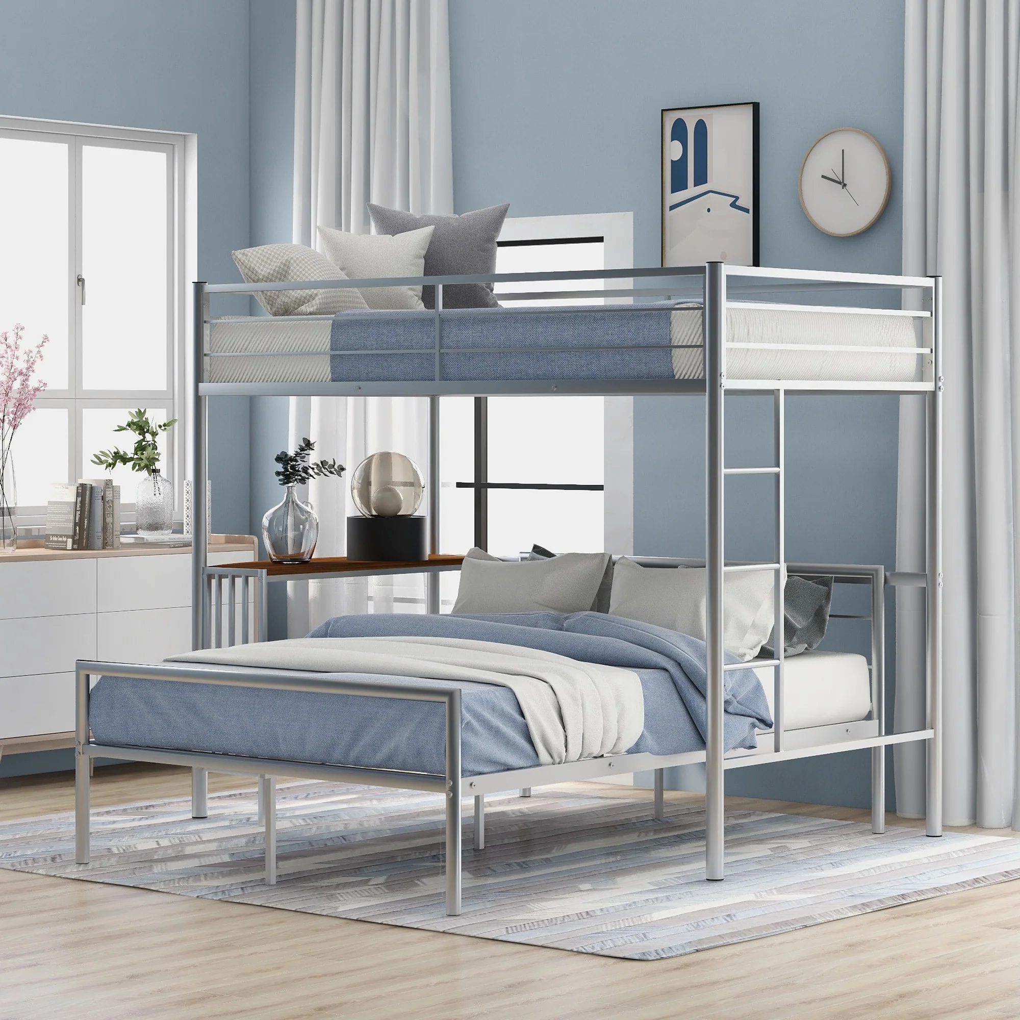 White Twin Over Full Size Metal Bunk Bed With Desk By Homeroots - Image 19