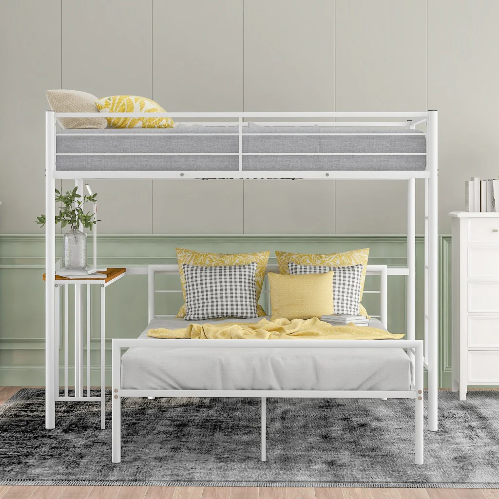 White Twin Over Full Size Metal Bunk Bed With Desk By Homeroots - Image 2