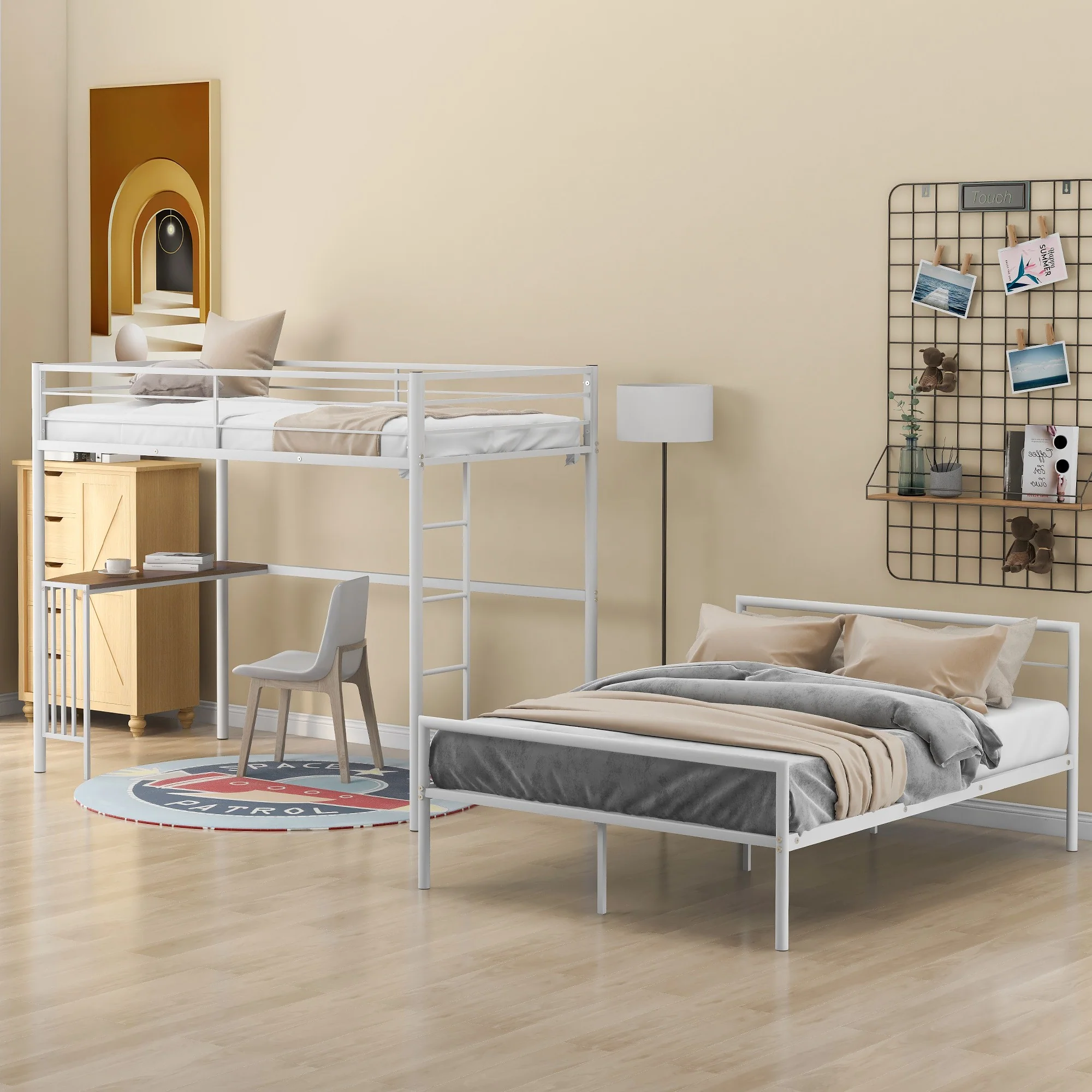 White Twin Over Full Size Metal Bunk Bed With Desk By Homeroots - Image 3