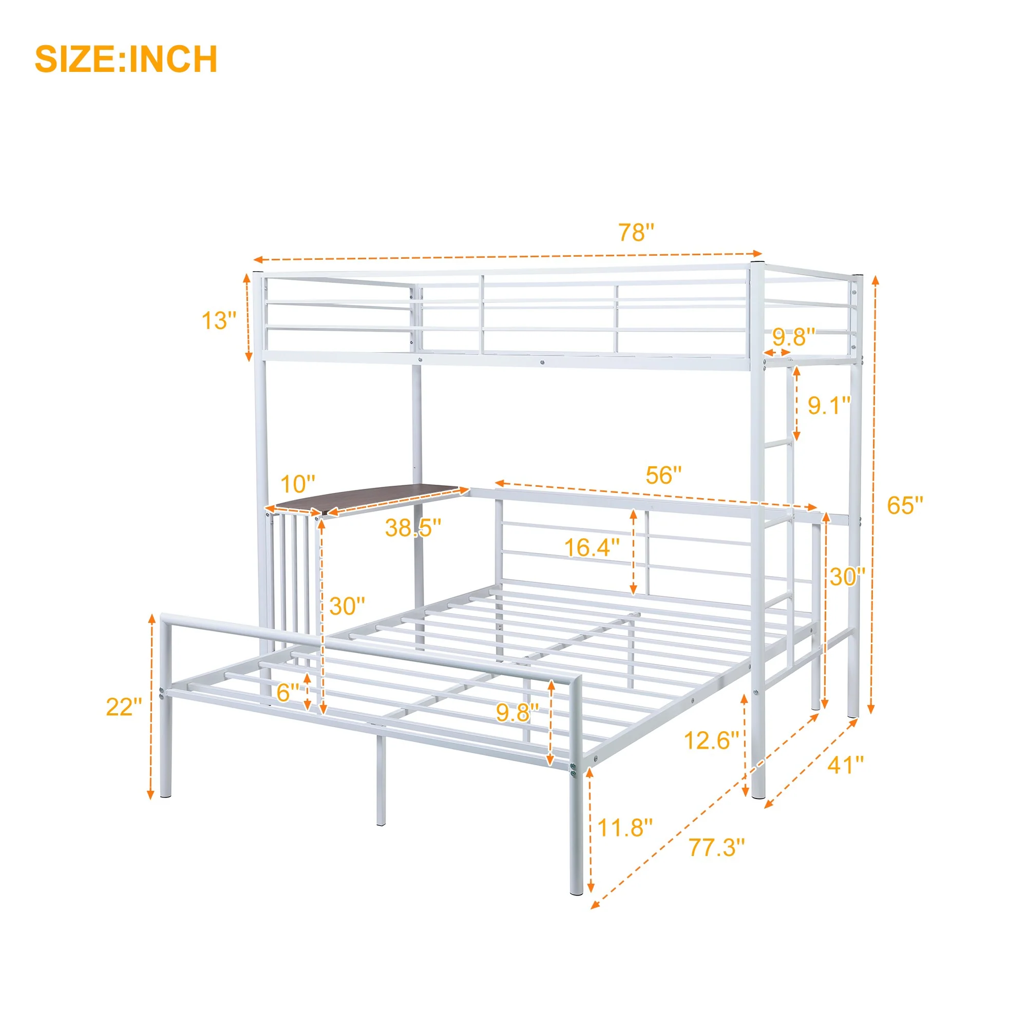 White Twin Over Full Size Metal Bunk Bed With Desk By Homeroots - Image 7