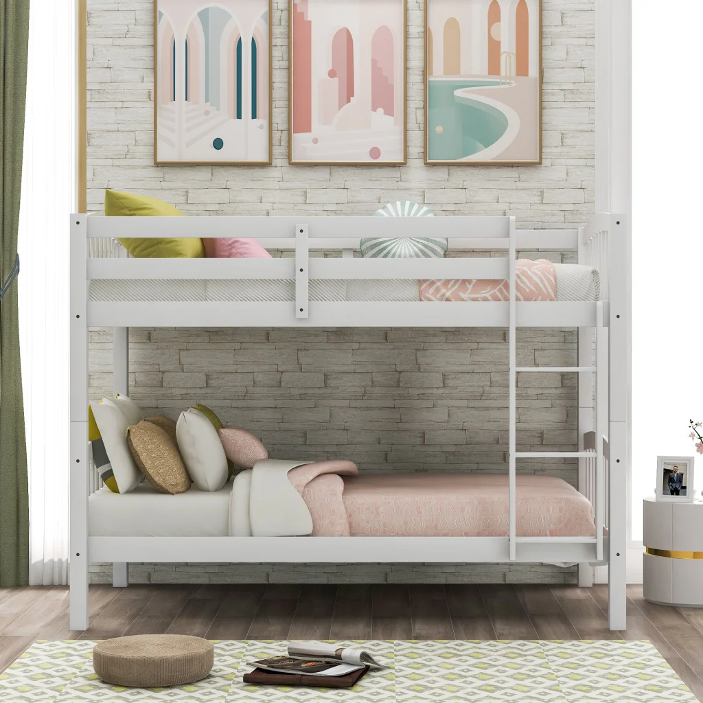 White Twin Over Twin Bunk Bed By Homeroots - Image 3