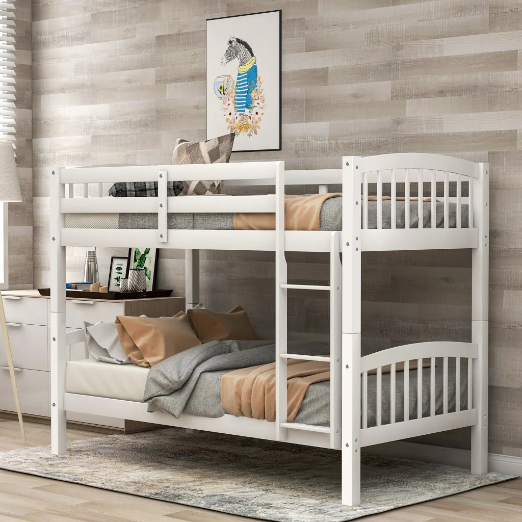 White Twin Over Twin Bunk Bed By Homeroots - Image 4
