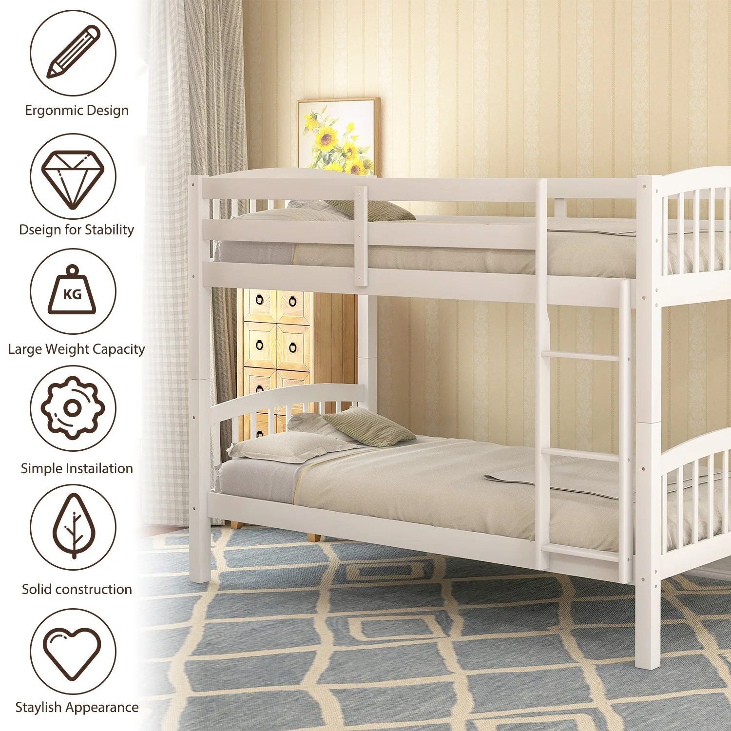 White Twin Over Twin Bunk Bed By Homeroots - Image 8